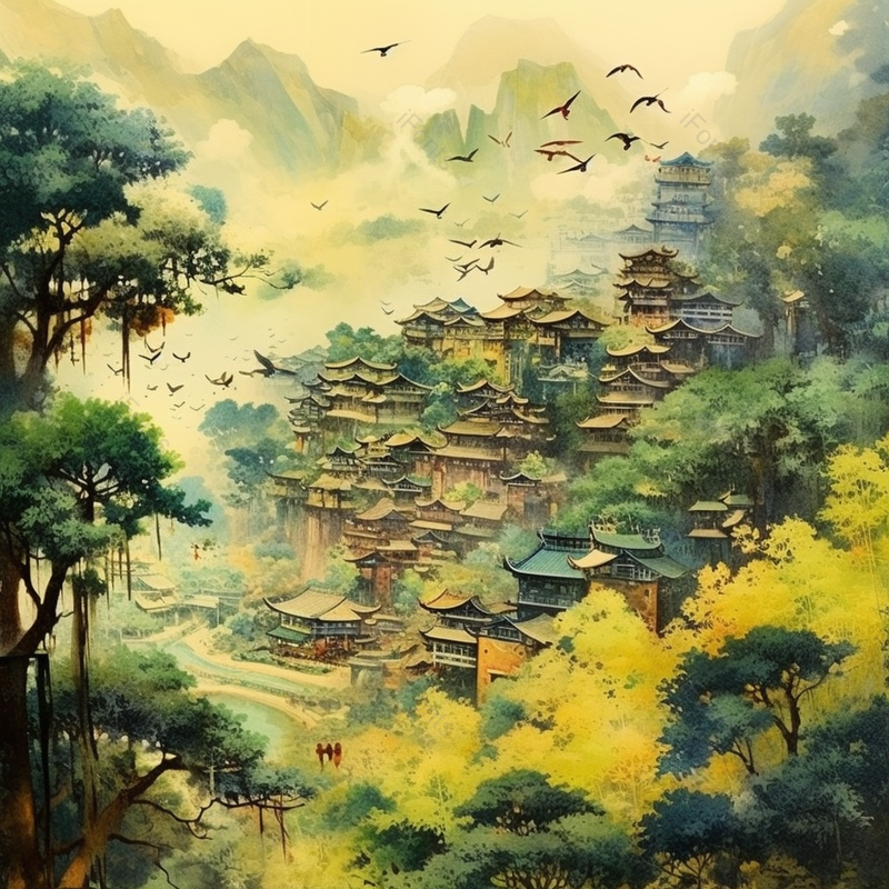 国风宁静的乡间古宅建筑写实水墨插画,插画/手绘图,插画/手绘图库,插画/手绘图下载,插画/手绘